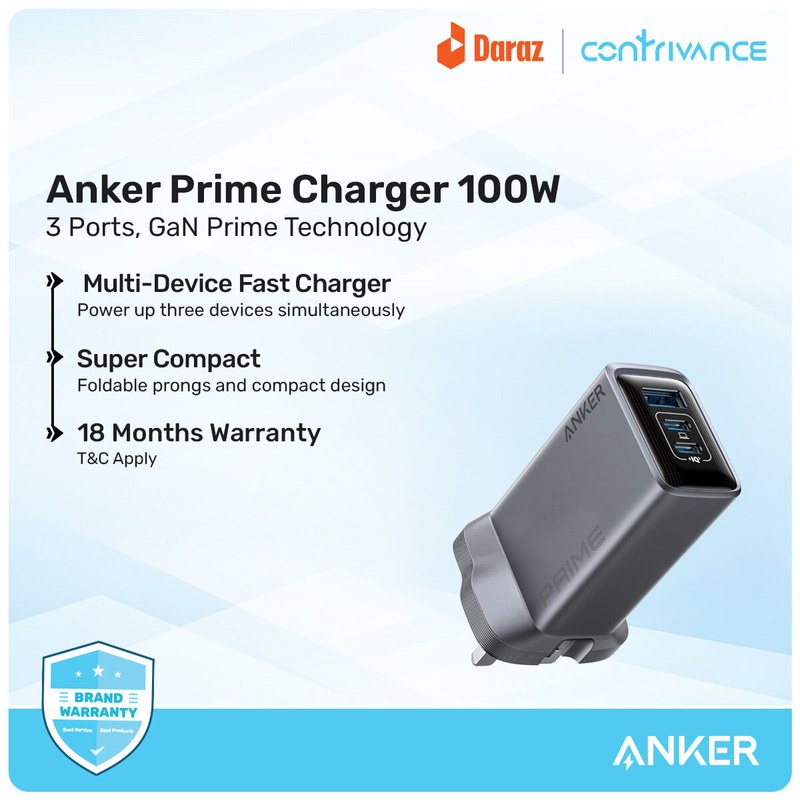 Anker Prime Charger 100W 3-Port GaNPrime Fast Charger, USB-C PD Desktop Charging Adapter with Ultra-Fast Multi-Device Charging, Intelligent Power Distribution for MacBook, Laptop,
