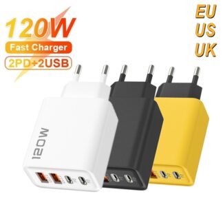 120W USB Charger Quick Charge 3.0 Type C PD Fast Charging Wall Mobile Phone Adapter for iPhone 15 Samsung Xiaomi EU/US/UK Plug