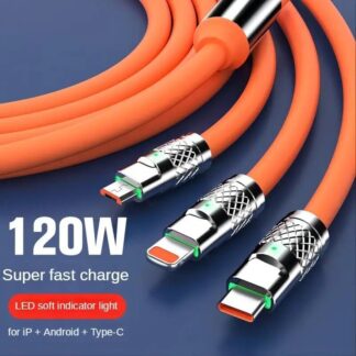 Mocho 3 In 1 120W 6A Super Fast Charging Cable Liquid Silicone Fast Charging Data Cable For Micro USB Type-C Iphone With Indication Light