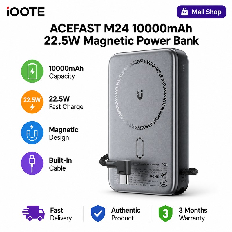 ACEFAST M24 10000mAh 22.5W Magnetic Power Bank | Built-In Cable Portable Fast Charging Power Bank for iPhone Android | 3 Months Warranty